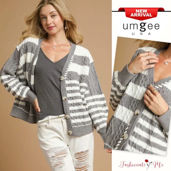 Umgee Stripe Pattern Button-Up Long Sleeves Relaxed Cable Knit Cardigan | Grey - Picture 1 of 6